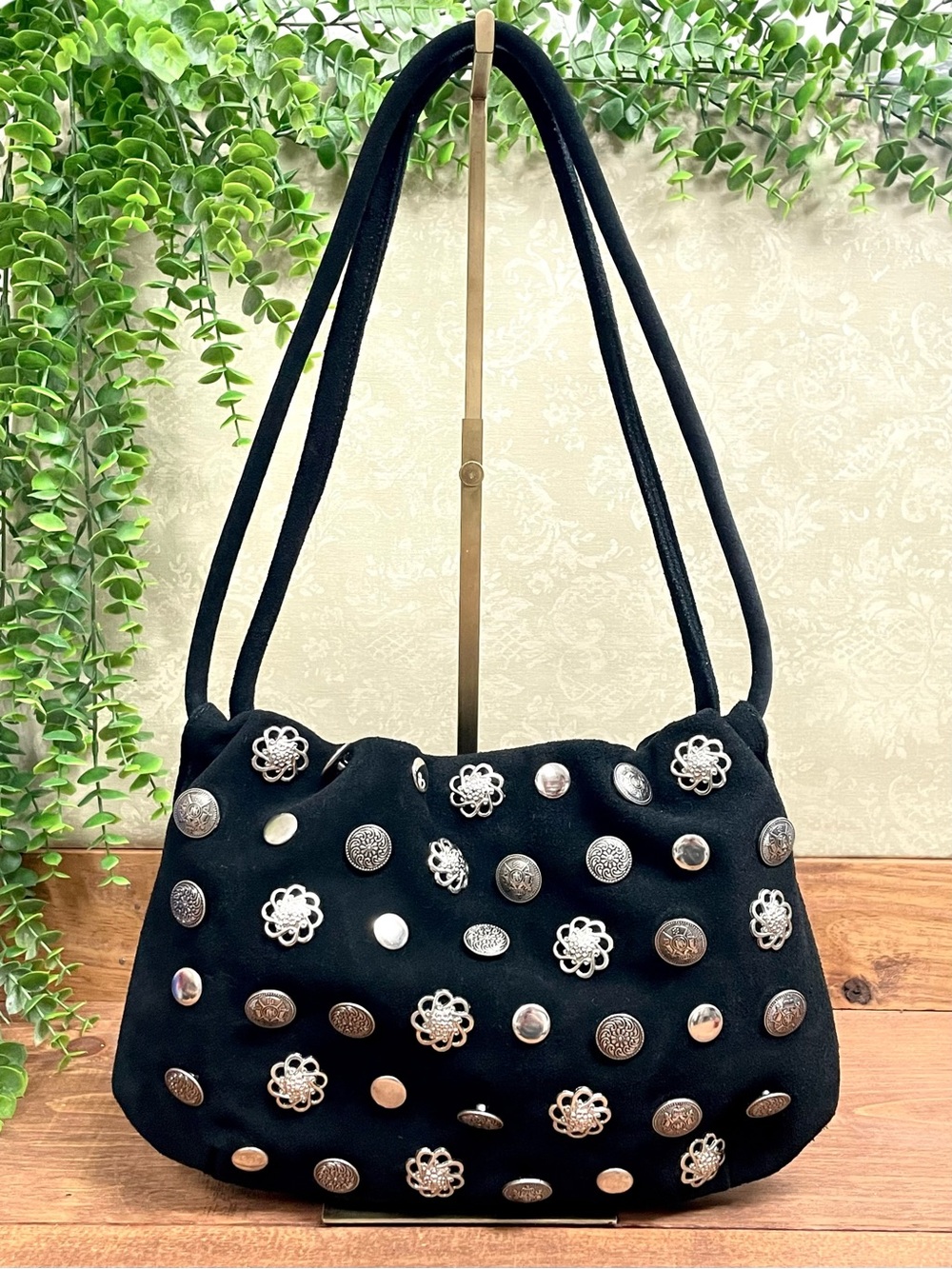 Y2K Newport News Black Suede Studded Slouchy Shoulder Bag
